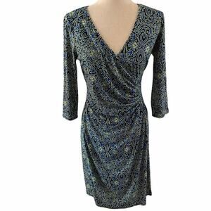 Laundry side gathered dress faux wrap. Long sleeves deep v neck. Size 6